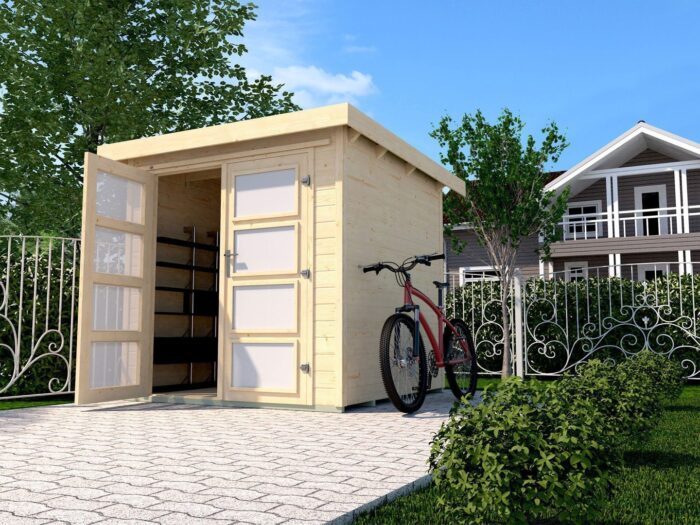 Vor einem grossen Haus steht ein Gartenhaus mit Flachdach und Doppeltür. Neben dem Gartenhaus steht ein Fahrrad.