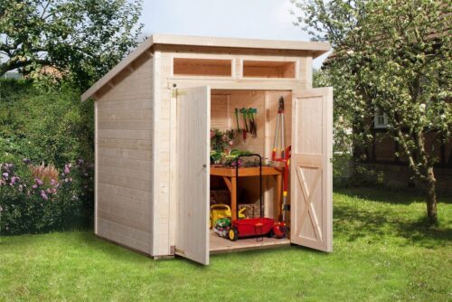Weka garden shed with an open double door, skylights and sloping flat roof in a large garden.