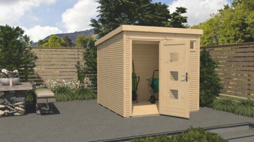 natural garden shed with a flat roof and an open standing door
