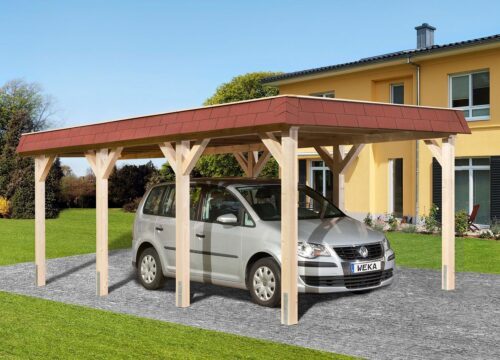 A natural carport with a glued wood flat roof. A silver parked car