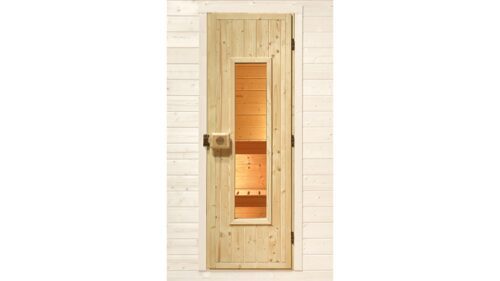 Weka Massivholztür mit Glaseinsatz Softub Schweiz. Eine naturbelassene Tür mit Türgriff und Glaseinsatz.