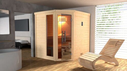 Naturbelassene Weka Sauna mit Ganzglastür und Ganzglasfenster in einem Badezimmer mit Liege