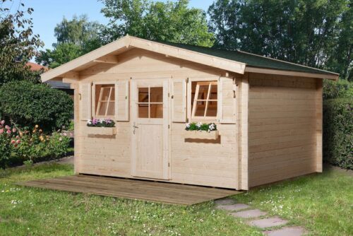 Garden house with single door and two little windows on each side. The garden shed stands on a big wooden surface.