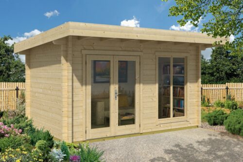 Natural Weka garden shed with big double window doors and a flat roof.