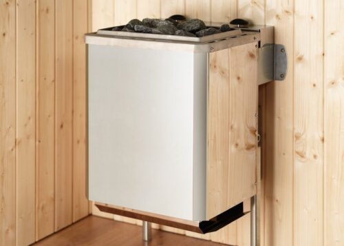Silver sauna heater attatched to a wooden wall