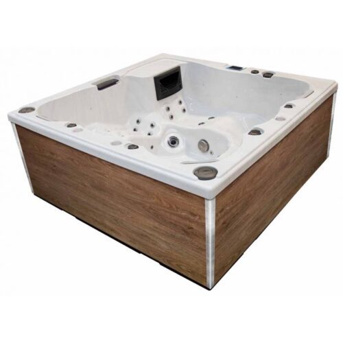 Un spa carré dans un coloris bois foncé et gris, blanc pour la couleur intérieure.