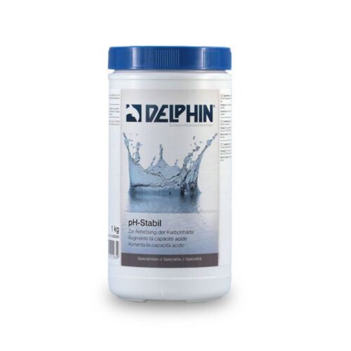 Delphin Spa pH Stabil. Weisser Behälter mit blauem Deckel und hellblauer Ett