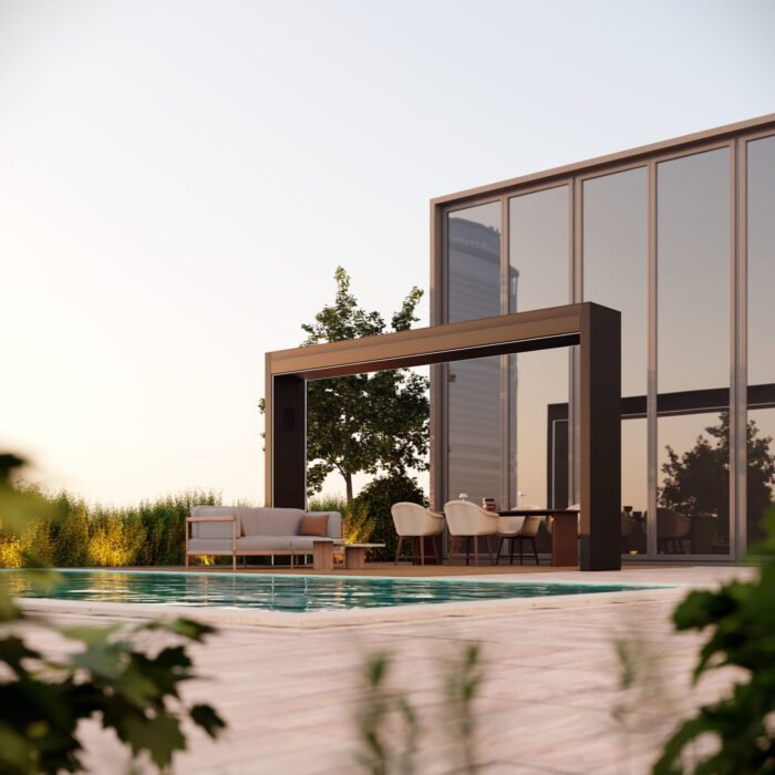 Geschlossener grauer Gate Shade Unosider Pavillon vor einem Haus mit Ganzglasfenstern und grossem Pool.