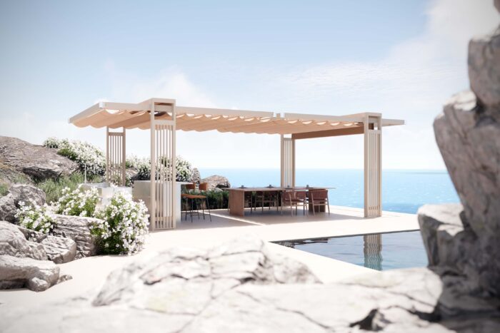 Der Unosider Pavillon Mood Balance. Pavillon mit verschiebbarem hellen Dach vor einem Pool mit Gartenlounge und Blick aufs Meer.