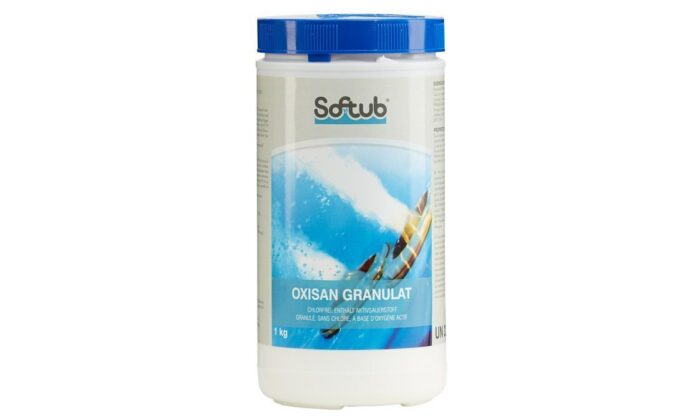 Weisser Behälter mit blauem Deckel und blauer Etikette