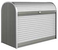 Storemax in quarzgrau-metallic Gartenbox in einer rechteckigen Form mit abgerundeten Ecken und einem leicht gewölbten Deckel. Gartenbox mit dunklen und silbernen Grautönen.