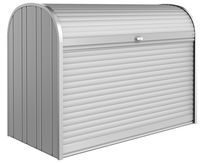 storemax-silber-metallic Gartenbox in einer rechteckigen Form mit abgerundeten Ecken und einem leicht gewölbten Deckel. Gartenbox mit silbernen Grautönen.