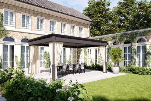 Unosider Pavillon Timeless Bioclimatica mit zusammengebundenen Vorhängen und grauem Dach vor einer grossen Villa in einem Garten.