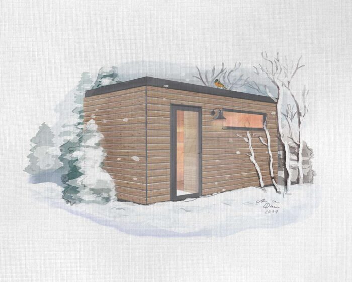 Waermegrad sauna module Pro. Wooden sauna with all-glass door and roof with black edges. Outdoor sauna is surrounded by snow.