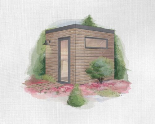 Waermegrad module de sauna S. Sauna en bois avec porte et fenêtre entièrement vitrées avec cadre noir et toit noir.
