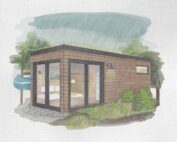waermegrad aussensauna xl modul illustration design softub schweiz. Schwarze Ganzglasfenster und schwarzes Dach.