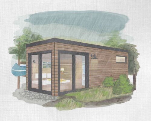 waermegrad outdoor sauna xl module illustration design Softub Switzerland. Black whole glass windows and black door.