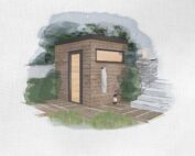 Illustration von einer kleinen Sauna mit Ganzglastür und Querfenster, mitten in der Natur.