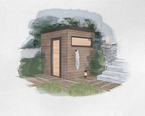 Illustration from a small sauna with a whole glass door and cross window, in the middle of nature.