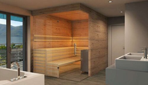 Sauna en bois sombre avec éclairage indirect et façade entièrement vitrée