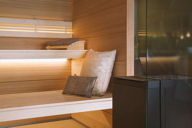 Waermegrad indoor sauna rendering planning sketch blank design line oven all glass front wood panels hemlok espe Softub Switzerland