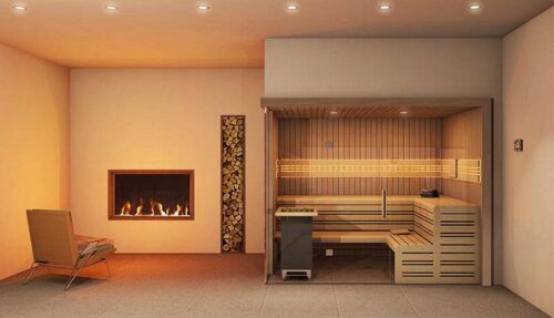 Sauna avec bois clair, poêle et cheminée.