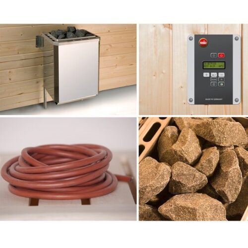 Weka Sauna Heather with different accessories that are necessary for your sauna sessions: 3.6 kW - 9,0 kW BioAktiv sauna heater silicone connection cable, 12 kg diabase sauna stones, digital system control. For Finnish sauna up to 100°C and steam bath function up to 65°C.