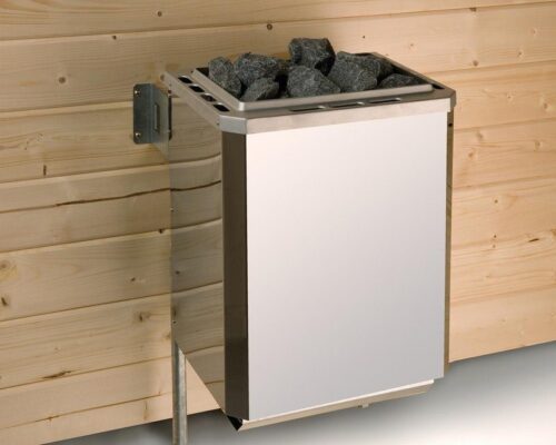 The Classic Weka Sauna heater in silver attatched to a wooden wall